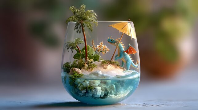 Cute dragon in a tropical cocktail glass with beach background and palm trees