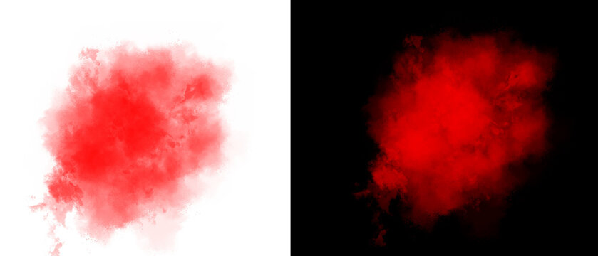 Vibrant red smoke explosion on white and black background, abstract crimson ink splash texture, atmospheric scarlet powder cloud effect