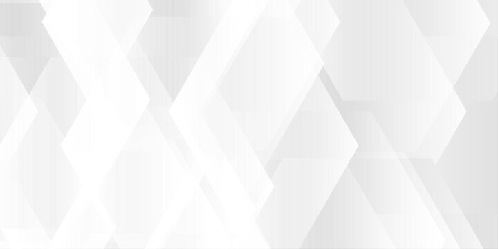 Abstract white and gray geometric background with overlapping diamond and hexagon shapes in a subtle gradient style. An architectural arrangement of translucent geometric shapes.