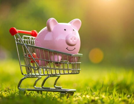 Pink piggy bank in mini cart