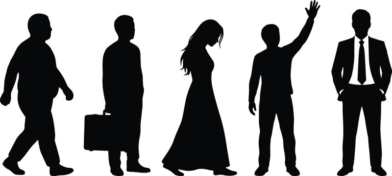 Five silhouettes of people in business attire standing in a row suit dress desi