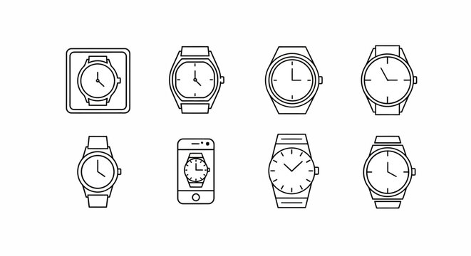 Set of wrist watch line icons for digital timekeeping and accessories