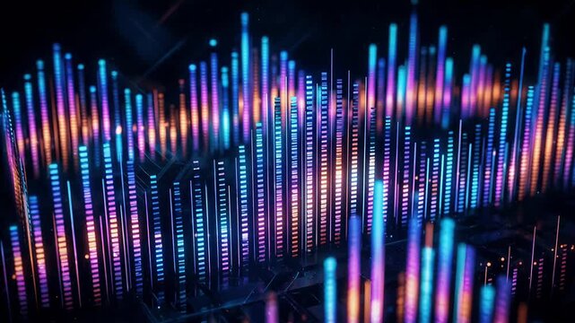 Glowing digital equalizer bars moving in a dark cyberspace environment. Abstract data visualization with light pulse effects for technological motion graphics background.