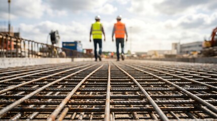 Naklejka premium Two construction workers in high visibility safety vests walking on steel rebar grid at large industrial building project under blue sky with bright sunlight hitting metal structure
