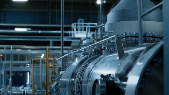 Industrial stainless steel tanks and complex machinery operating in a modern production facility, showcasing precision engineering and advanced manufacturing processes