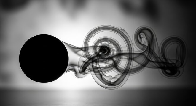 Smoke vortex swirling around a black sphere.