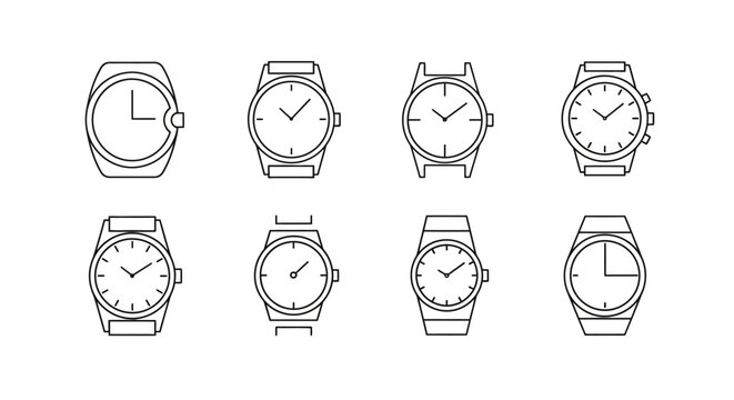 Set of minimalist wrist watch line art icons, timekeeping accessories