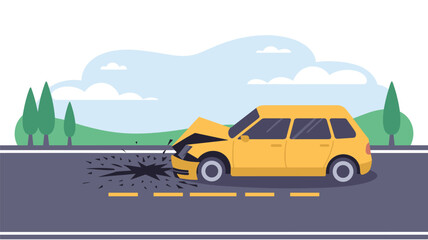 Fototapeta premium A yellow sedan sits with a crushed front bumper after striking a deep, jagged pothole on a gray asphalt road under a bright, clear blue sky background.