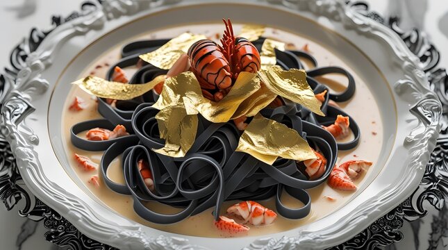 Elegant white ceramic plate with black tagliatelle pasta in rich lobster bisque, topped with delicate sheets of gold leaf arranged harmoniously. Placed on an ornate elegant style