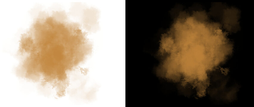Brown dust explosion isolated on white and black background, realistic sand cloud burst, dry earth powder splash for design overlays