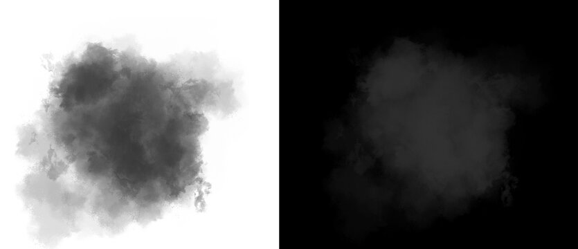 Atmospheric smoke cloud texture, dark gray vapor puff on white and black background, realistic steam and fog effect for digital compositing