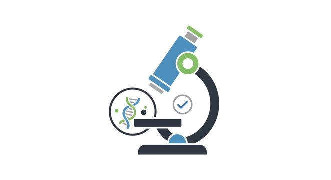 microscope with dna icon and checkmark flat vector illustration