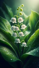 Obraz premium White lily of the valley flowers with water drops on green leaves in a fresh forest.