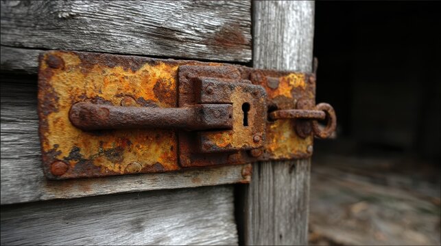 An Old Rusty Iron Lock Securing a Weathered Wooden Door