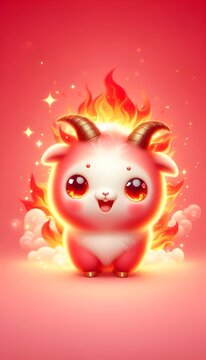 Cute cartoon sheep with white-red body flame and horns smiling on a warm red sky.