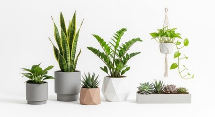 Fototapeta premium A collection of various potted plants arranged on a white surface, with one hanging plant in a macrame hanger. The plants include succulents, ferns, and snake plants, each in different geometric 