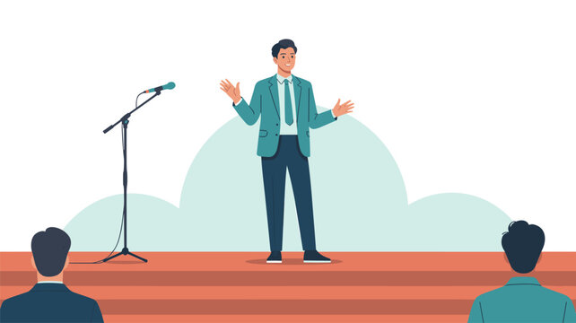 A male speaker wearing a teal suit jacket gestures towards an audience from a stage with a lone microphone stand in a bright, modern minimalist office setting.