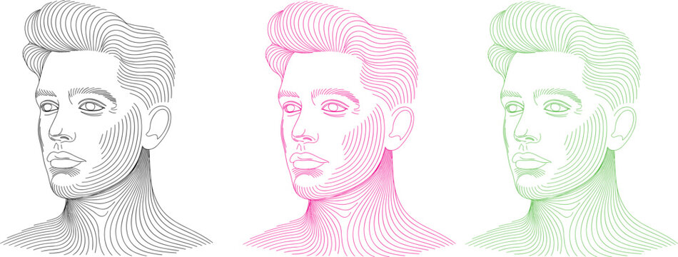 Three male face profiles formed by parallel flowing contour lines