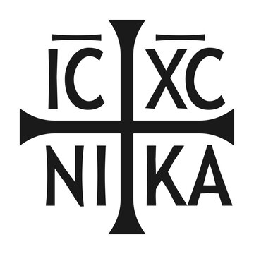 Cross with ICXC NIKA text symbol. Jesus Christ conquers sign. Orthodox christianity christogram. Vector illustration image.