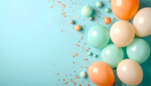 Pastel balloons and confetti float on a bright blue background
