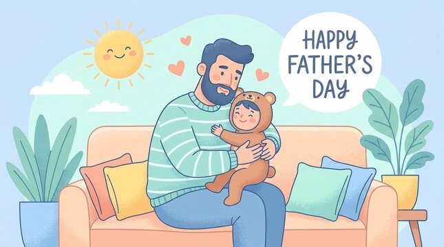A bearded man sitting on a couch with colorful pillows, hugging a teddy bear, surrounded by plants and a sunny background with a 'Happy Father's Day' message in a playful, cartoonish style