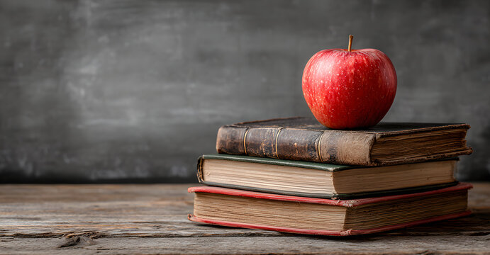 A white chalkboard with a red apple in front of text books
