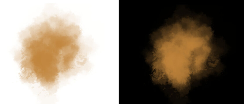 Brown dust explosion isolated on white and black backgrounds, realistic sand cloud texture, dry soil powder burst for design overlays