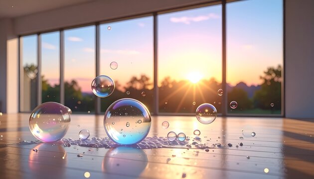 Bubbles float in a sunlit room with large windows and a hardwood floor
