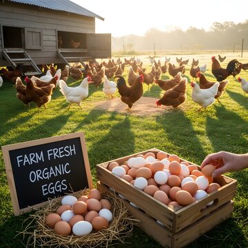 Chickens roam freely in a grassy farmyard near a wooden coop as eggs are collected in a crate.