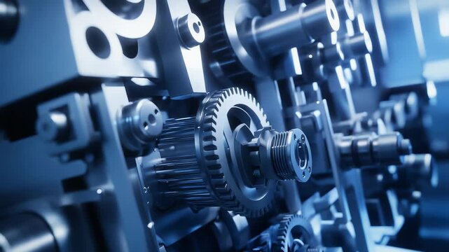 Intricate interlocking metal gears and cogs in a high tech industrial mechanism, highlighting precision engineering, automation, collaboration, and modern manufacturing innovation