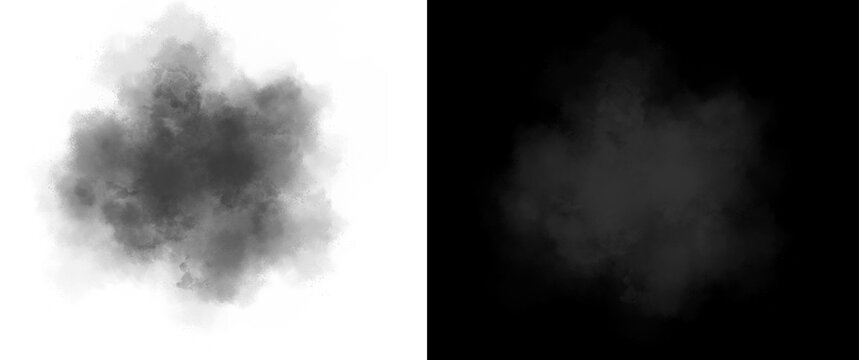 Atmospheric smoke cloud texture, black and white vapor puff isolated on plain backgrounds, misty fog effect for photo manipulation and design overlays
