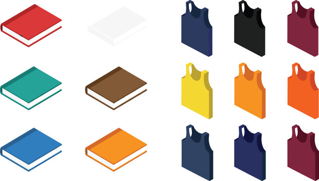 Isometric vector set of colorful hardcover books and sleeveless tank tops for education and fashion lifestyle design mockups