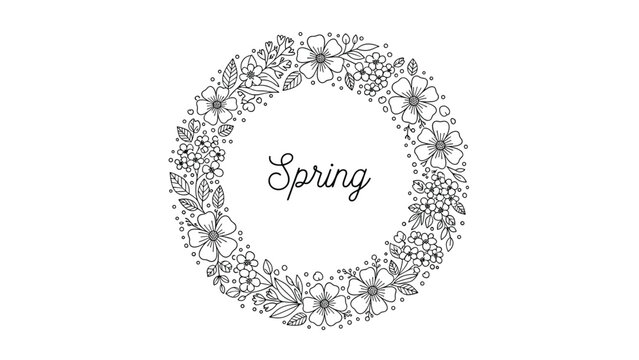 Beautiful hand drawn black and white floral wreath with the word spring written in an elegant script font in the center.