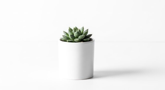 A small succulent plant in a white pot against a plain white background. The plant has green, fleshy leaves arranged in a rosette pattern. The pot is simple and cylindrical, with a smooth surface. 