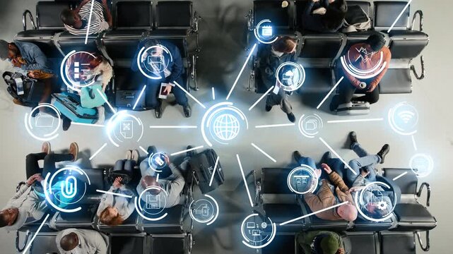 Men and women sitting on airport benches, using public WIFI on smartphones, VFX compositing. Multiethnic people waiting for airplane, using wireless tech on phones, digital connectivity overlay