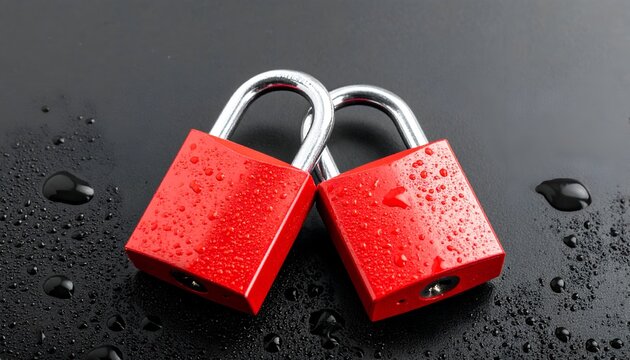 Two red padlocks with metal hasps face each other on a glossy black surface