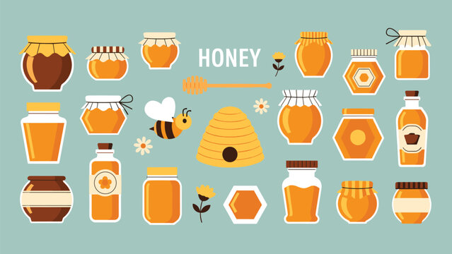Organic honey collection set featuring various jars, a buzzing bee, a beehive, and sweet golden honeycomb icons.