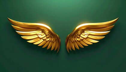 Obraz premium Two golden feathered wings outstretched, gleaming against a solid green backdrop