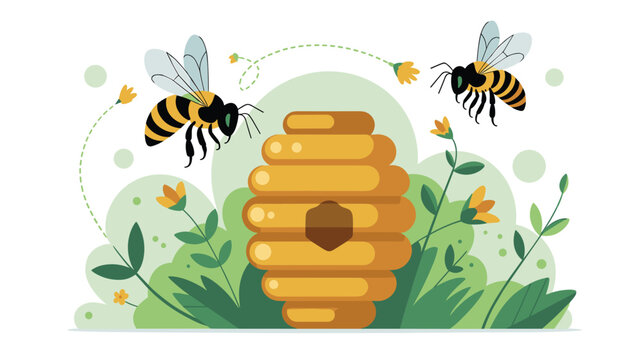 A detailed wooden beehive stands in a grassy meadow surrounded by flying bees and flowers in a soft, bright, and pastel-colored environmental illustration with gentle depth of fiel