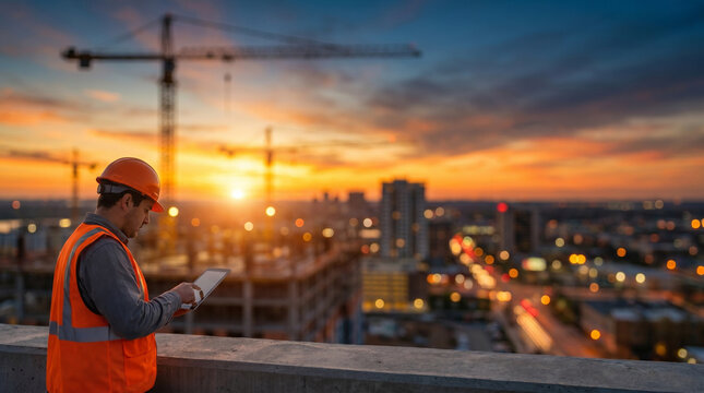 Civil engineer in hard hat and safety vest using digital tablet at construction site during sunset
