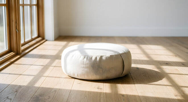 Round Linen Zafu Meditation Cushion on Natural Oak Floor in Minimalist Sunlit Room