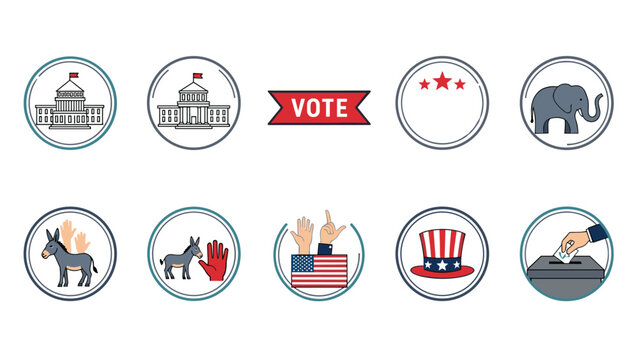 United States election and voting themed icons featuring the Capitol building, political party animals, and a ballot box.
