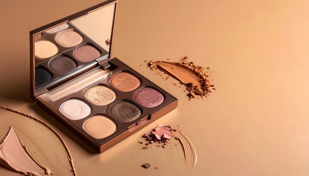 Beige palette with nine shades and a mirror, makeup smears on background