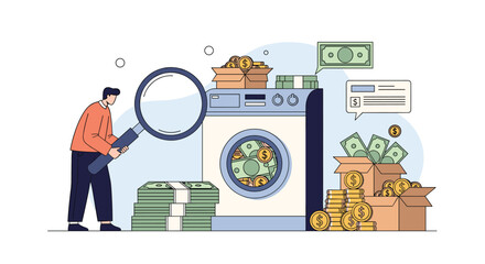 Fototapeta premium Investigative professional using a magnifying glass to check cash inside a washing machine to reveal money laundering.