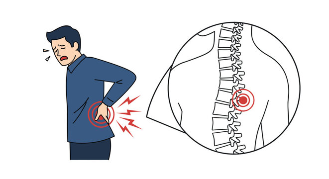 Suffering man holding his lower back in pain while a detailed diagram shows a spinal disc injury and inflammation.