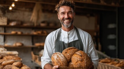 Fototapeta premium Smiling baker holding bread