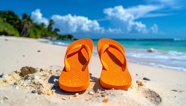 Orange flip-flops sit on a sunny beach with turquoise water behind them