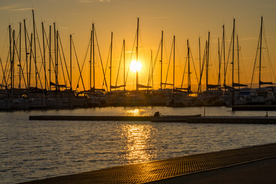 Golden Sunset Over Marina With Sailboat Mast Silhouettes and Sunpath Reflection