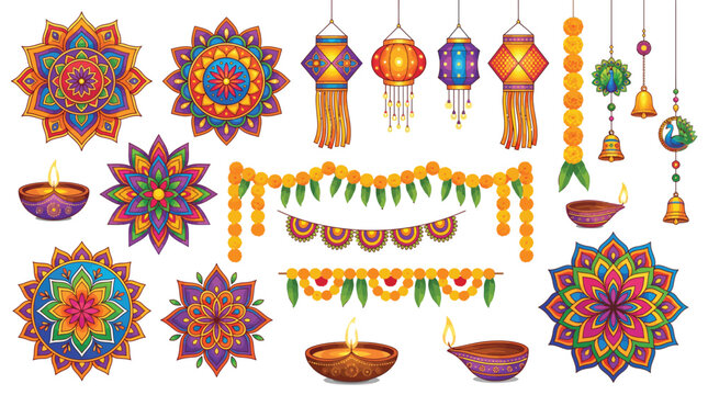 Colorful traditional diwali festival elements featuring decorative mandalas oil lamps and hanging festive floral garlands