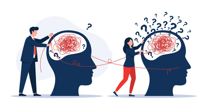 Male and female professionals work together to untangle complex thoughts and solve mental problems inside human head silhouettes.